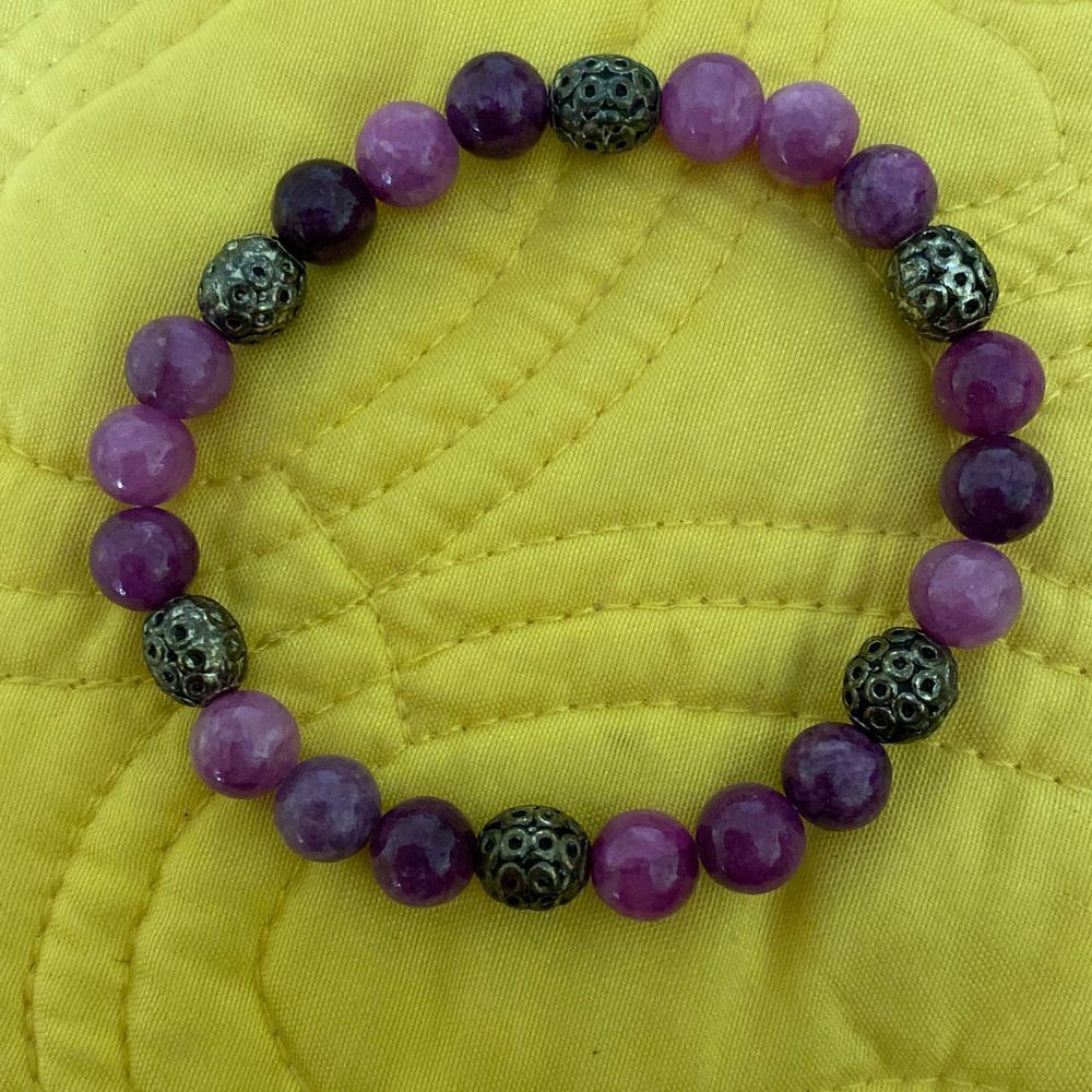 Genuine Stone and Silvertone Bead Elastic Bracelet